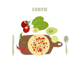 Food. delicious vegetable lunch on a board with cutlery