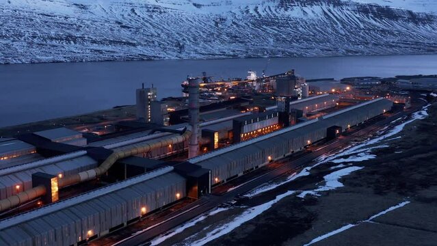 Night time at big industrial facility producing aluminium metal, Iceland, aerail