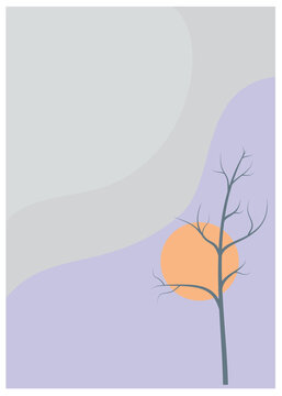 autumn tree sunset illustration in simple style, suitable for display, book cover, banner