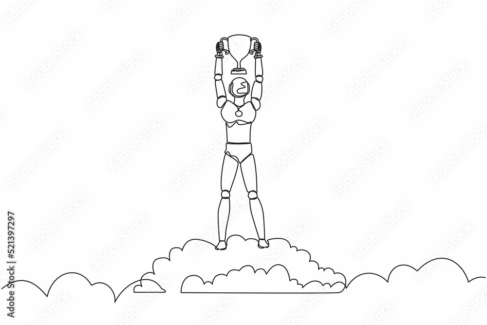 Poster single continuous line drawing robot holding trophy in cloud. showing award celebrates his victory i