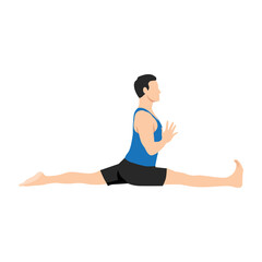 Man doing yoga pose,Monkey Pose is an asana in hatha yoga, hanumanasana pose. Flat vector illustration isolated on white background