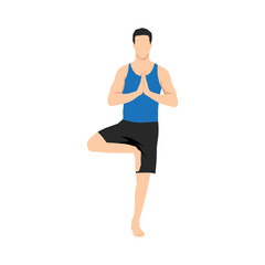Young man practicing yoga with tree pose, vrksasana asana, stand on one leg. Flat vector illustration isolated on white background