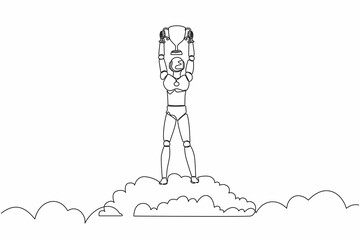 Single continuous line drawing robot holding trophy in cloud. Showing award celebrates his victory in sky. Robotic artificial intelligence. Electronic technology. One line design vector illustration