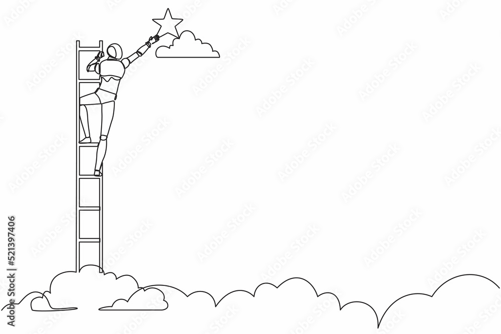 Poster continuous one line drawing robot standing on stairs and reaching star on the sky. humanoid robot cy