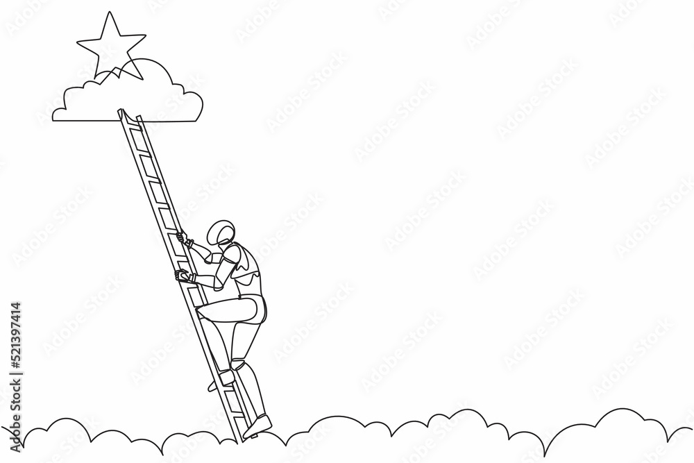 Aufkleber single continuous line drawing robot climbing ladder to reach out for stars. modern robotic artifici
