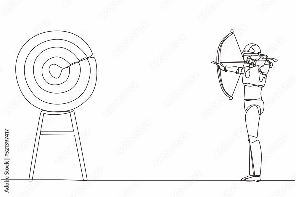 Poster continuous one line drawing blindfold robot holding bow arrow looking for target. humanoid robot cyb