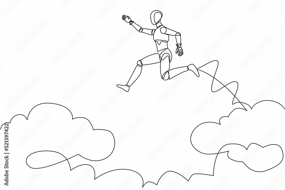 Poster single one line drawing fearless brave robot make risk by jump over clouds to reach his success. fut