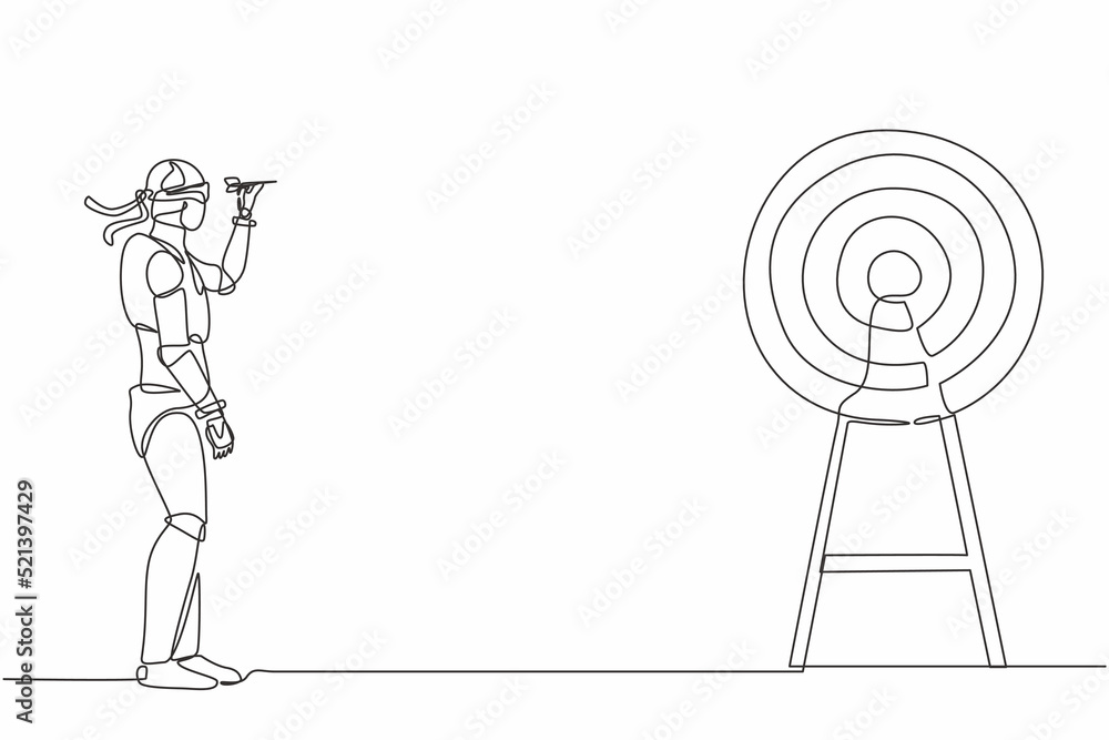 Poster single one line drawing robot using blindfold and hit darts target. future technology development. a
