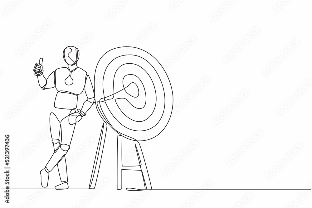 Poster continuous one line drawing robot standing and leaning at target with thumbs up gesture. humanoid ro