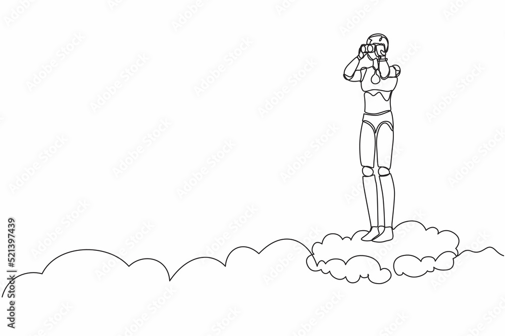 Poster single one line drawing robot on cloud holding binocular to search for business visionary. future te