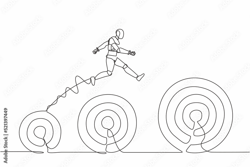 Poster single one line drawing robot jumping up higher target career goals. the business next target. futur