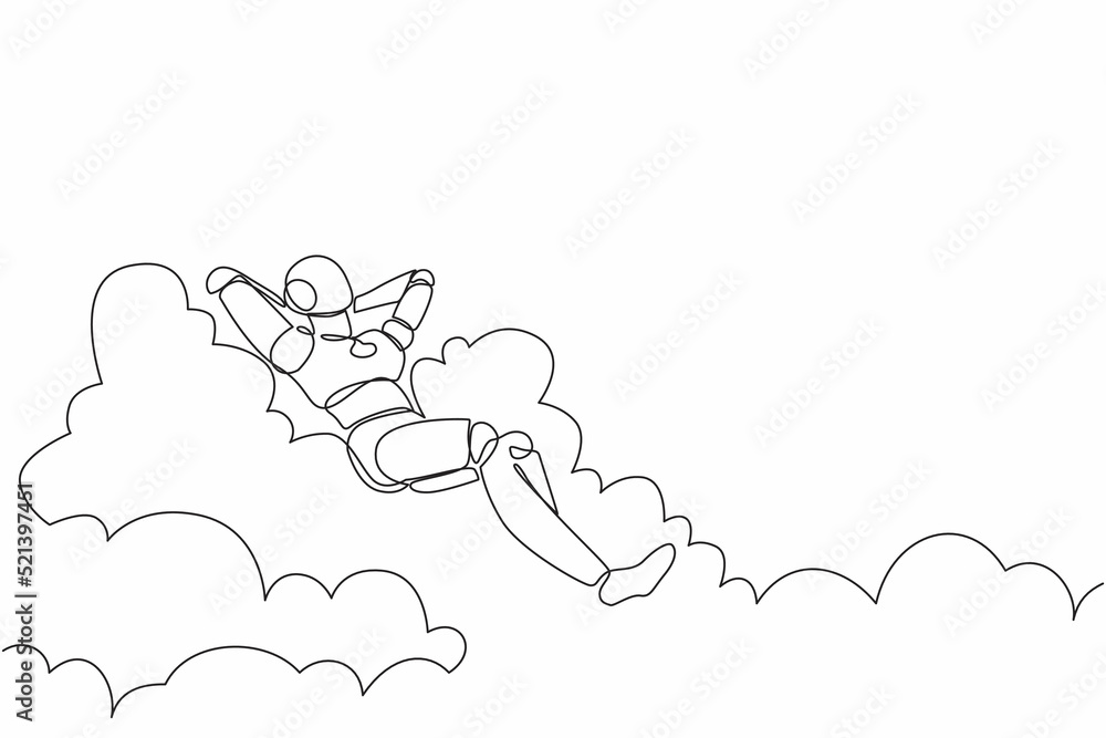 Poster single continuous line drawing robot relaxing laying on clouds. break, vacation, coffee time and rel