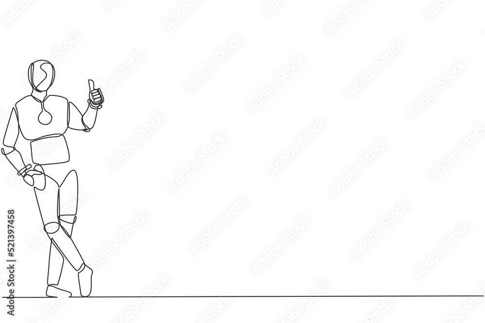 Poster single one line drawing robot standing or leaning with thumbs up gesture. future technology developm