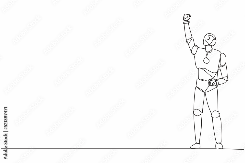 Poster single continuous line drawing robot standing on peak of cliff targeting arrow to dartboard. modern 