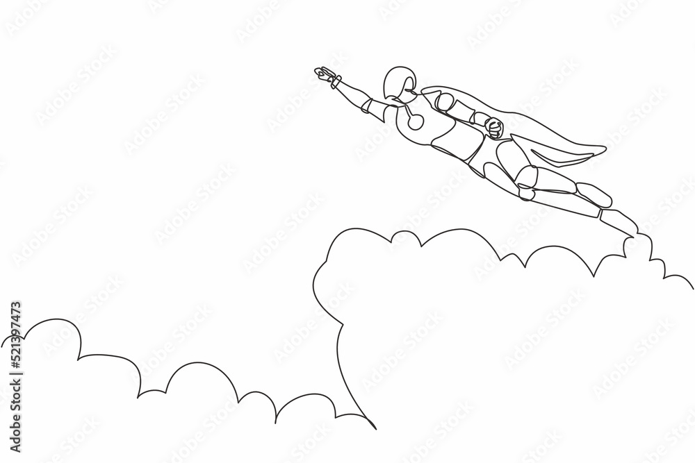 Poster single one line drawing superhero robot in cloak flying up to sky. business success, goal achievemen