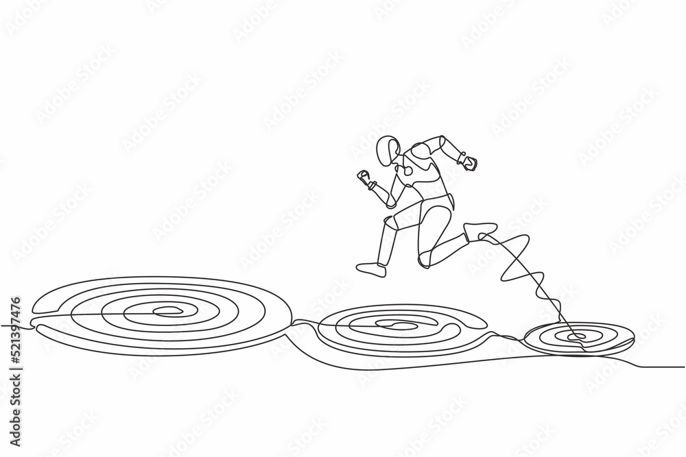 Poster continuous one line drawing robot jumping on bigger target, successfully. advancement in career. hum