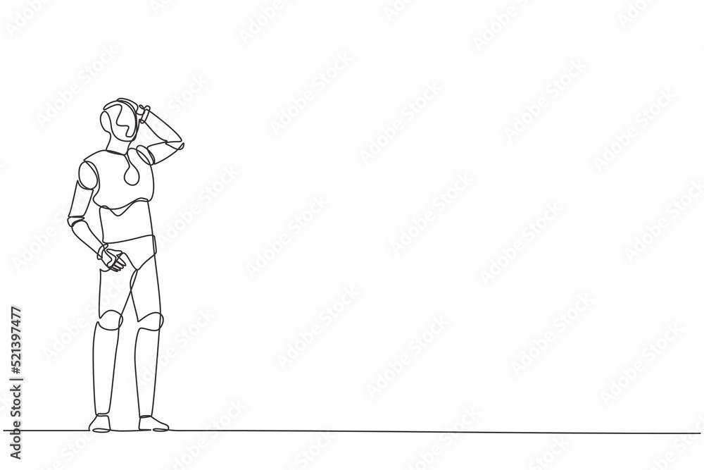 Poster continuous one line drawing confused robot standing missed opportunities. humanoid robot cybernetic 