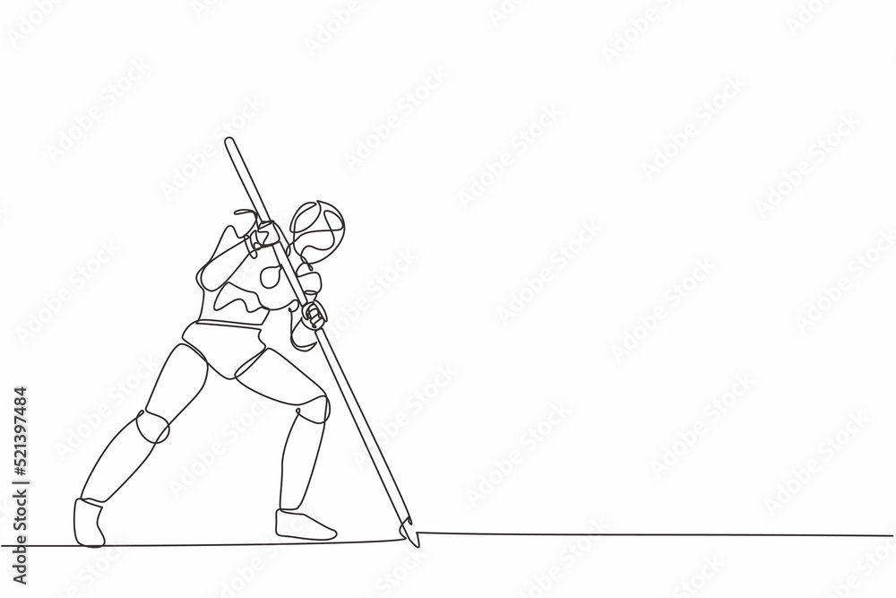 Poster single continuous line drawing robot mark goal with arrow, hit target on ground. modern robotic arti
