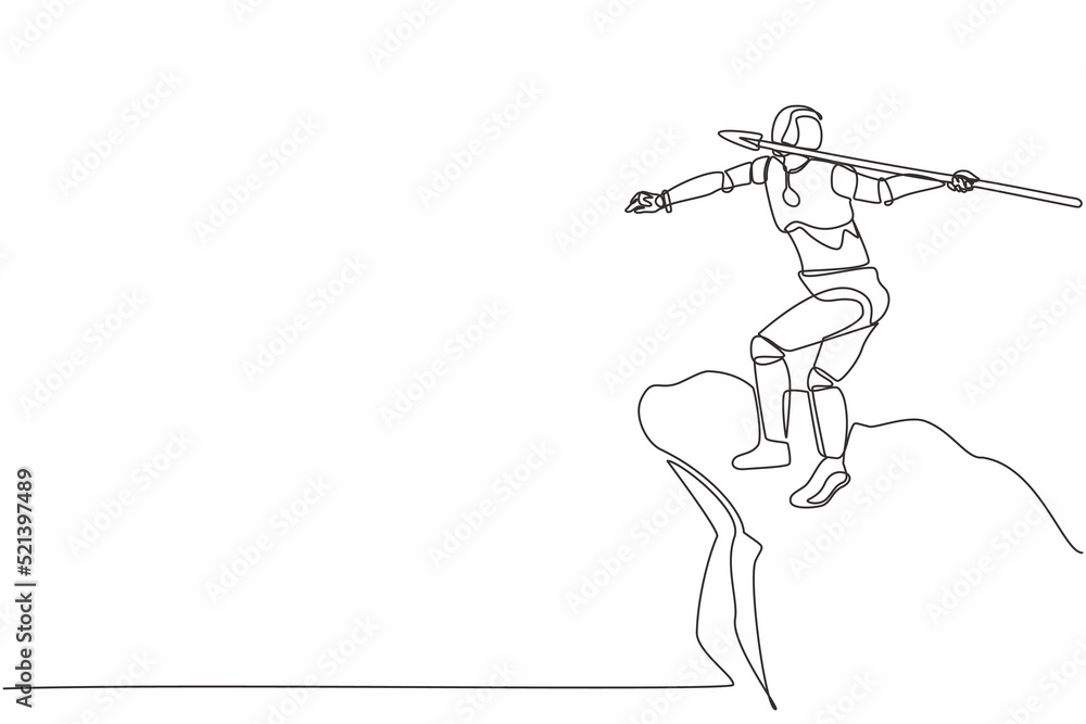 Poster continuous one line drawing robot standing on peak of cliff targeting dartboard with big arrow. huma