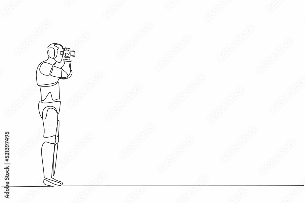 Poster single one line drawing robot looking opportunities with binoculars in hand. future technology devel