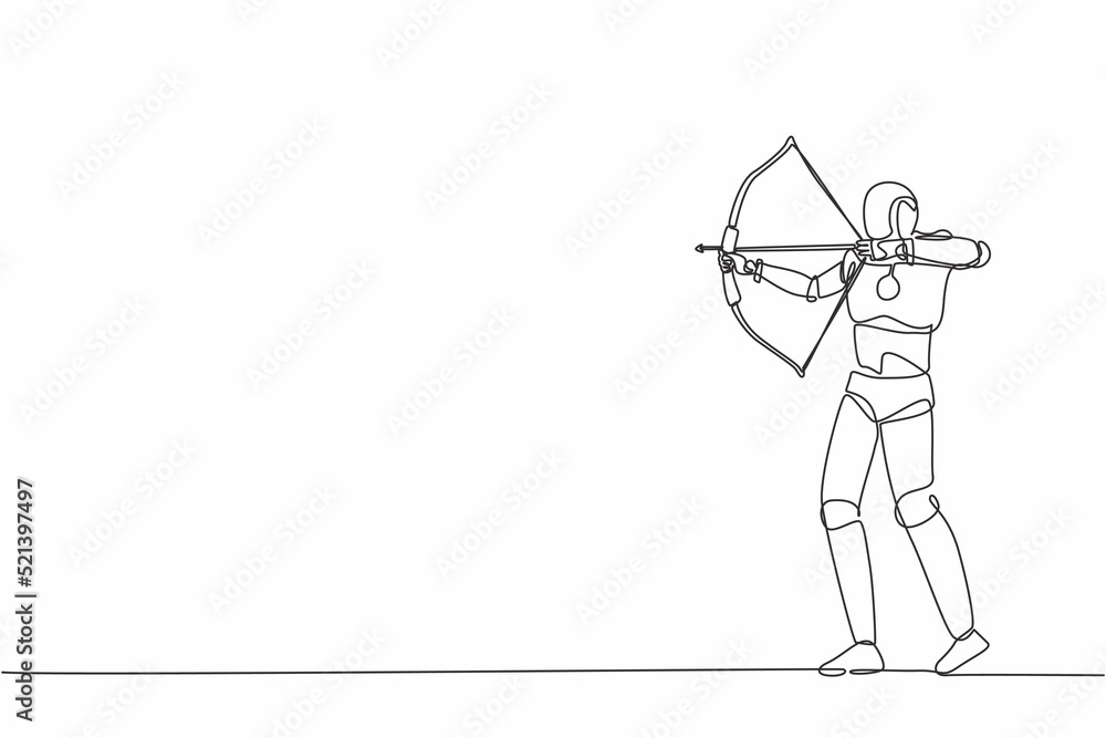 Poster single continuous line drawing robot trying to shoot target with blindfold. modern robotic artificia