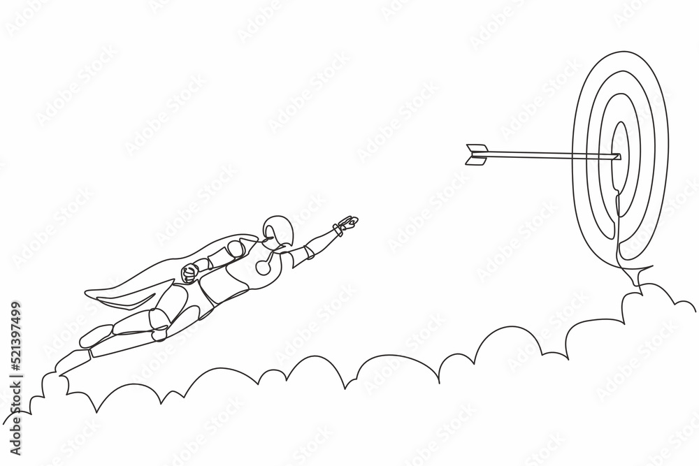 Poster single one line drawing robot in cloak flying up to target. business success, leadership. future tec