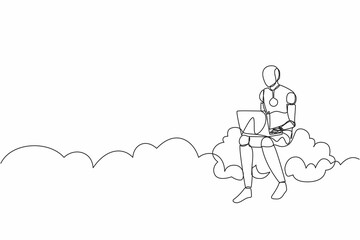 Single one line drawing robot sitting on cloud in sky and working with laptop. Future technology development. Artificial intelligence machine learning. Continuous line draw design graphic illustration