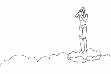 Single one line drawing robot on cloud holding binocular to search for business visionary. Future technology development. Artificial intelligence. Continuous line design graphic vector illustration