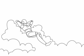 Single continuous line drawing robot relaxing laying on clouds. Break, vacation, coffee time and relaxation. Modern robotic artificial intelligence. One line draw graphic design vector illustration