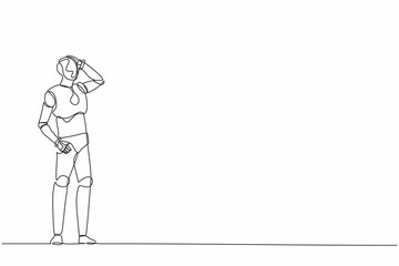 Continuous one line drawing confused robot standing missed opportunities. Humanoid robot cybernetic organism. Future robotic development concept. Single line draw design vector graphic illustration