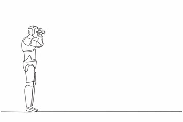 Single one line drawing robot looking opportunities with binoculars in hand. Future technology development. Artificial intelligence machine learning. Continuous line draw design vector illustration