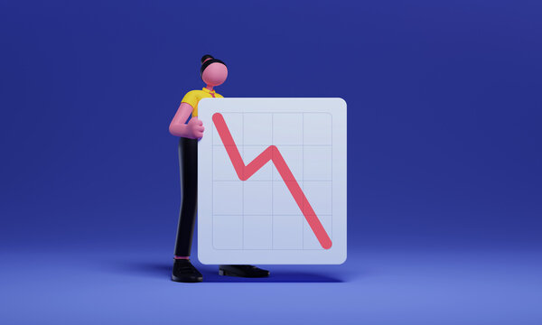 3d professional business man, woman worker holding sign about business negative loss report - Decrease sales rate, negative margin, business graph, commercial sales, trend