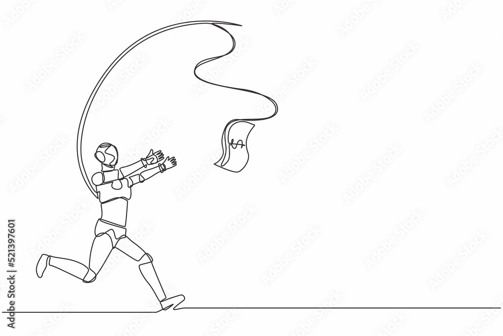 Poster single continuous line drawing robot running after money. greedy robot with attached rod and dollar.