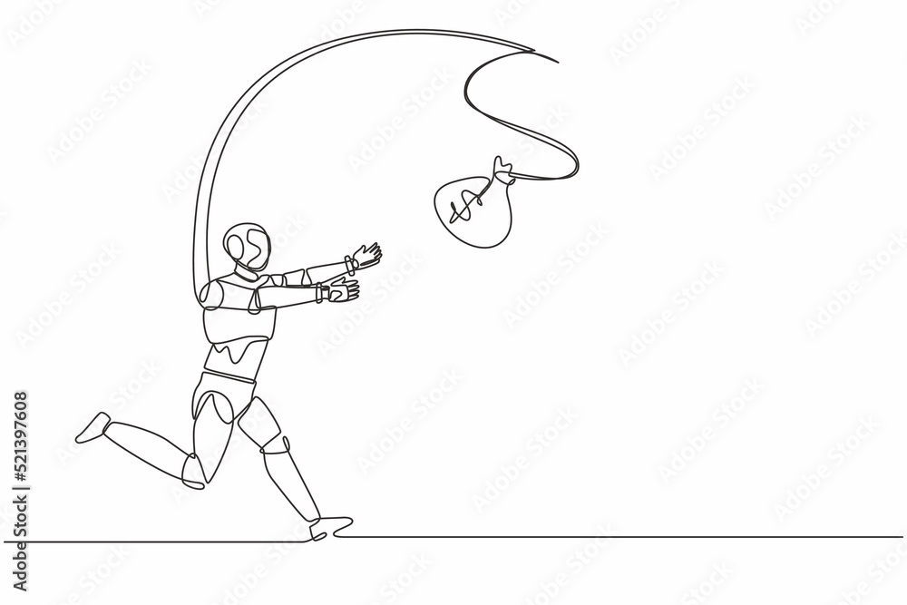 Poster single one line drawing robot chasing bag of money. foolishness, stupidity. future technology develo
