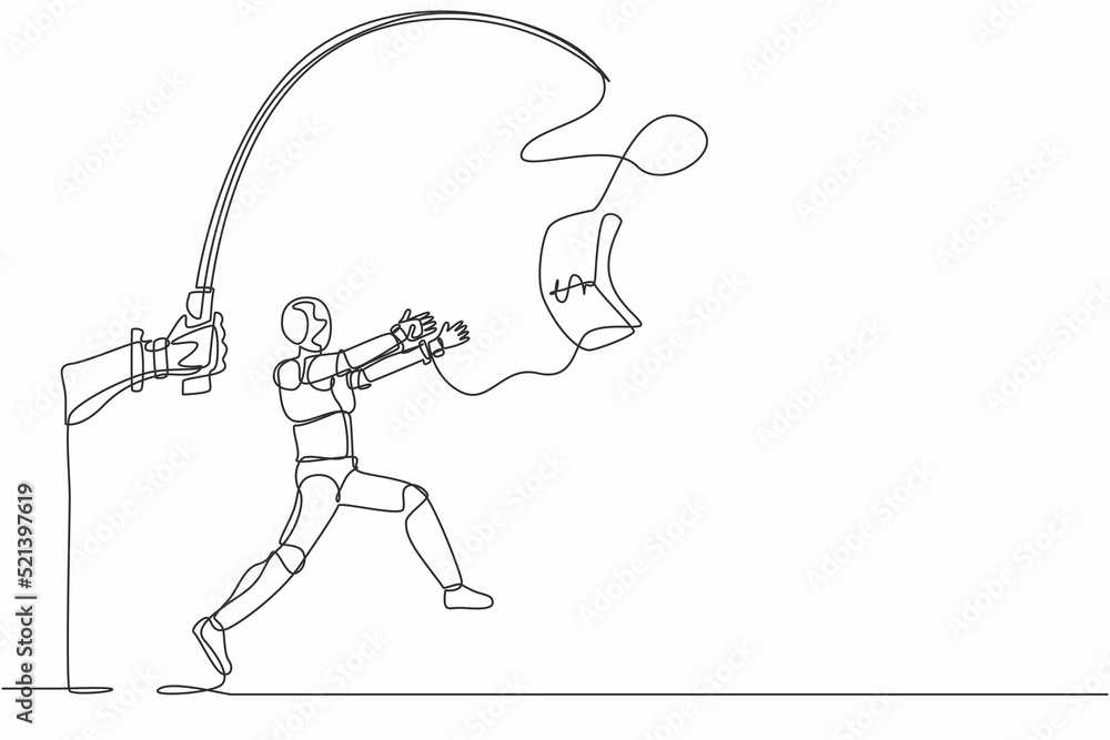 Poster continuous one line drawing hand with fishing pole and dollar cash control greedy robot. humanoid ro