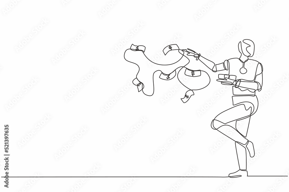Poster continuous one line drawing robot throw out pile of money banknotes flying into the air. humanoid ro
