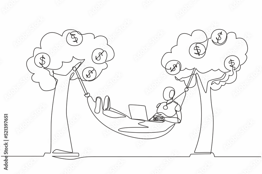 Poster single continuous line drawing robot typing with laptop in hammock tied on money tree with dollar co