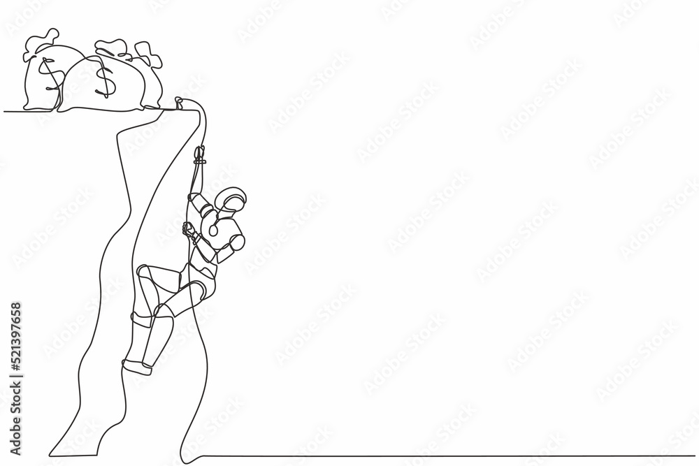 Poster single one line drawing robot doing rope climbing towards money bag. future technology development. 