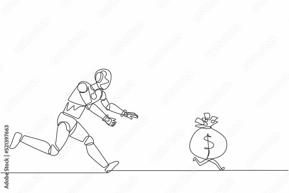 Aufkleber single continuous line drawing robot chasing money bag dollar run away. modern robotic artificial in