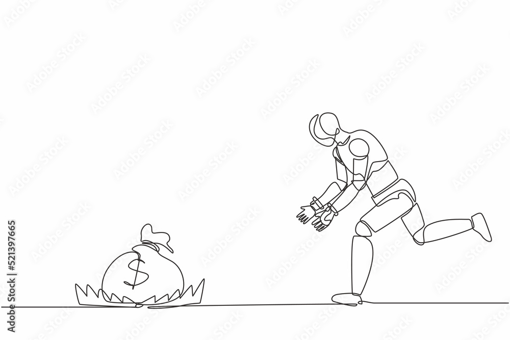 Poster continuous one line drawing robot running to catch money bag in the steel bear trap. humanoid robot 