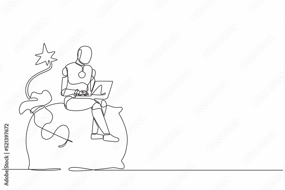 Poster single one line drawing robot sitting on huge bomb with burning fuse and money bag. future technolog