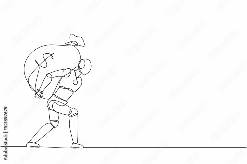 Poster continuous one line drawing robot carrying big and heavy money bag on his back. humanoid robot cyber