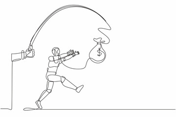 Single continuous line drawing hand with fishing pole and money bag control greedy robot. Robotic artificial intelligence. Electronic technology. One line draw graphic design vector illustration