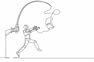 Continuous one line drawing hand with fishing pole and dollar cash control greedy robot. Humanoid robot cybernetic organism. Future robotics development. Single line draw design vector illustration