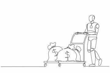 Single continuous line drawing robot push cart with money bags. Reward or profit. Modern robotic artificial intelligence. Electronic technology industry. One line graphic design vector illustration