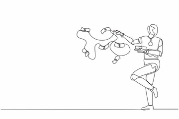 Continuous one line drawing robot throw out pile of money banknotes flying into the air. Humanoid robot cybernetic organism. Future robotics development. Single line draw design vector illustration