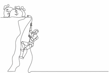 Single one line drawing robot doing rope climbing towards money bag. Future technology development. Artificial intelligence and machine learning processes. Continuous line draw design graphic vector