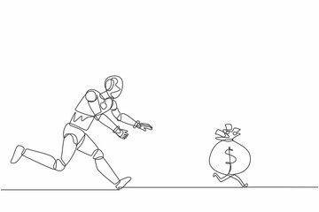 Single continuous line drawing robot chasing money bag dollar run away. Modern robotic artificial intelligence. Electronic technology industry. Dynamic one line draw graphic design vector illustration