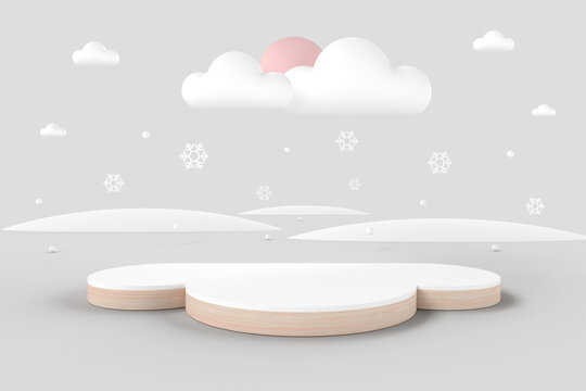 Cloud-shaped product display podium with falling snow on sunny day for baby and kid in pastel tone colors. 3D rendering.