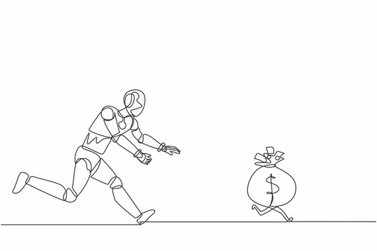 Single continuous line drawing robot chasing money bag dollar run away. Modern robotic artificial intelligence. Electronic technology industry. Dynamic one line draw graphic design vector illustration